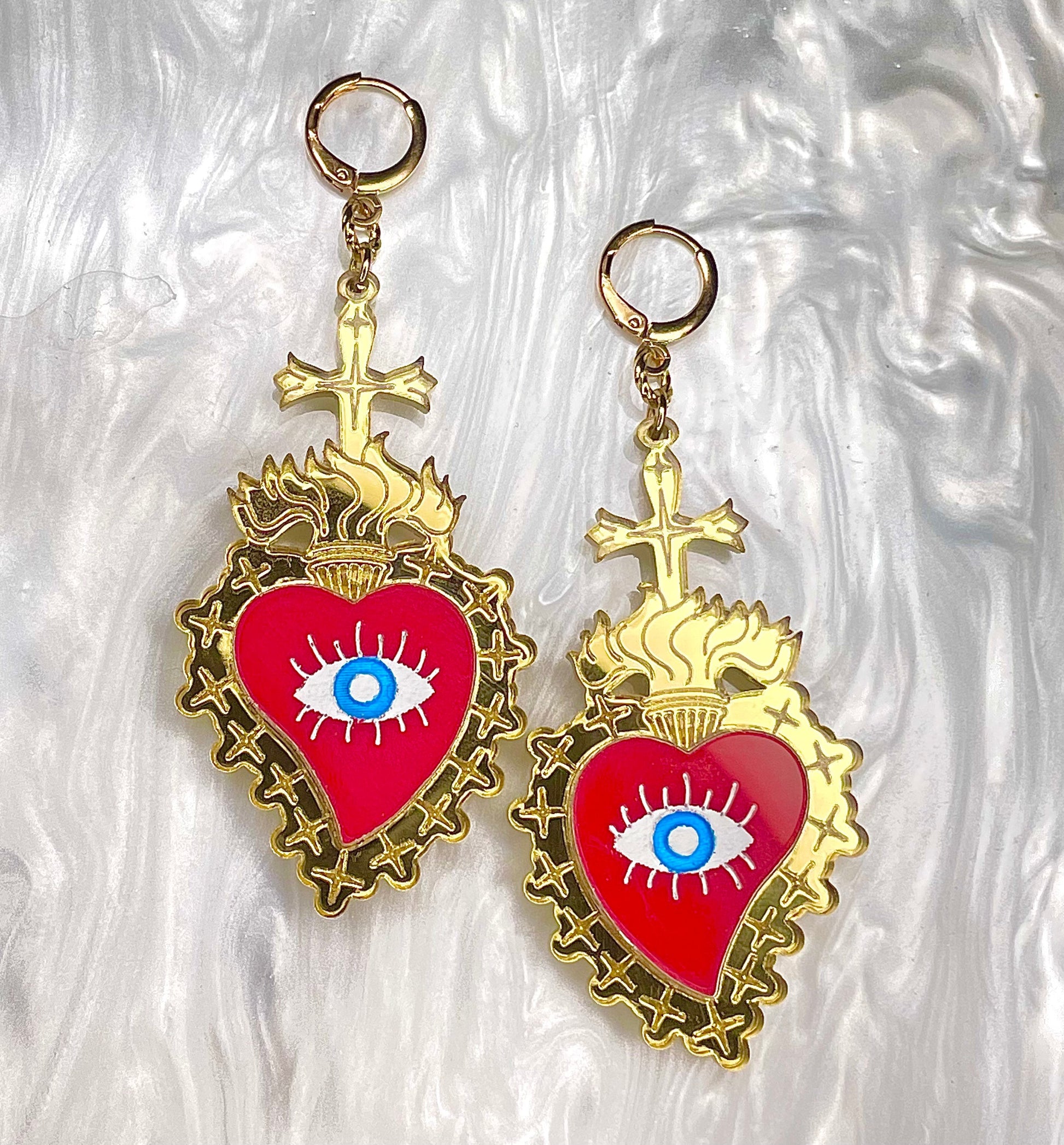 Milagro, Sacred Heart, Evil Eye, Protection, Ex Voto, Mexican, Latina Jewelry, Flaming heart of Jesus, 24K posts wedding guest