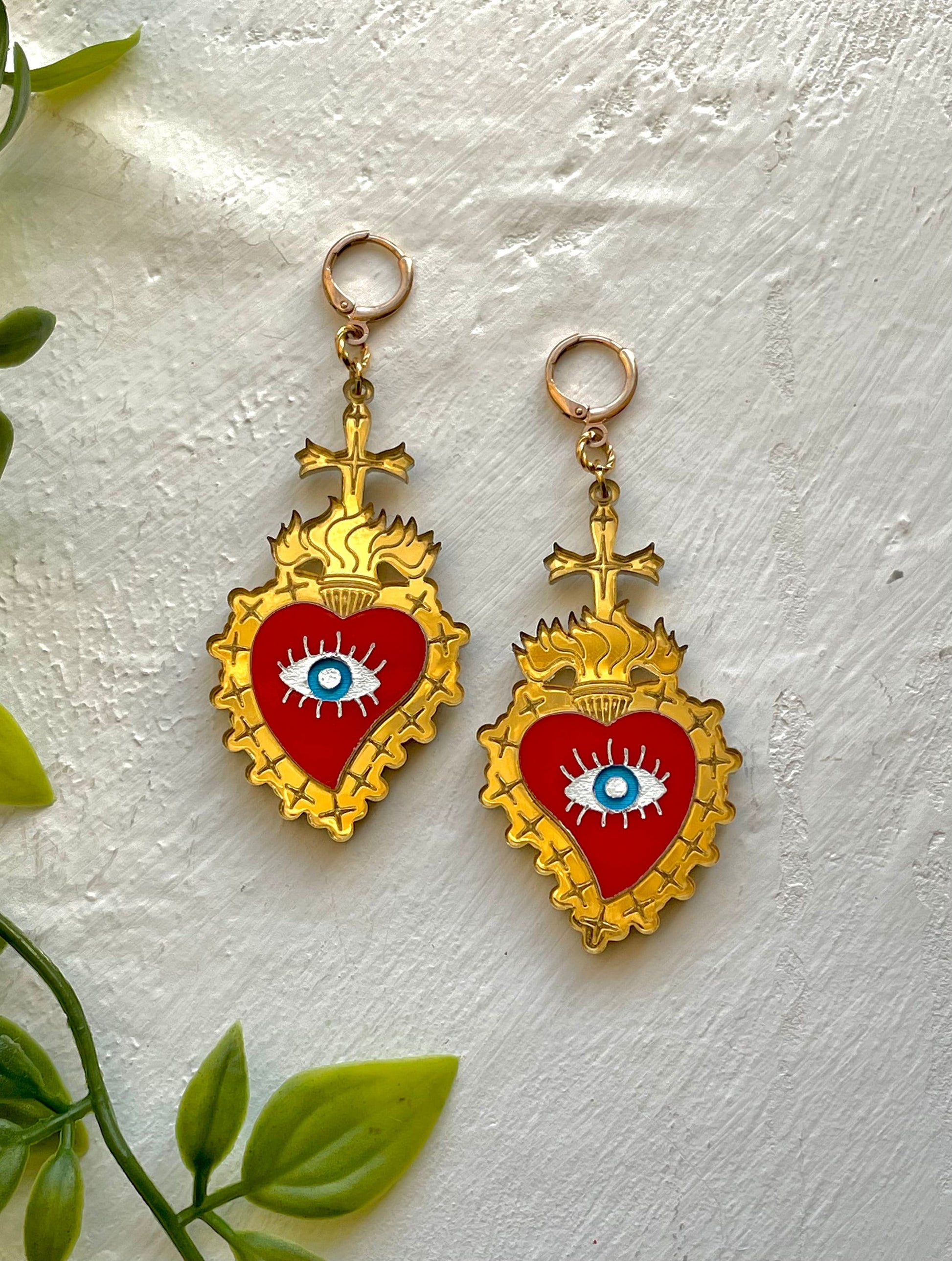 Milagro, Sacred Heart, Evil Eye, Protection, Ex Voto, Mexican, Latina Jewelry, Flaming heart of Jesus, 24K posts wedding guest